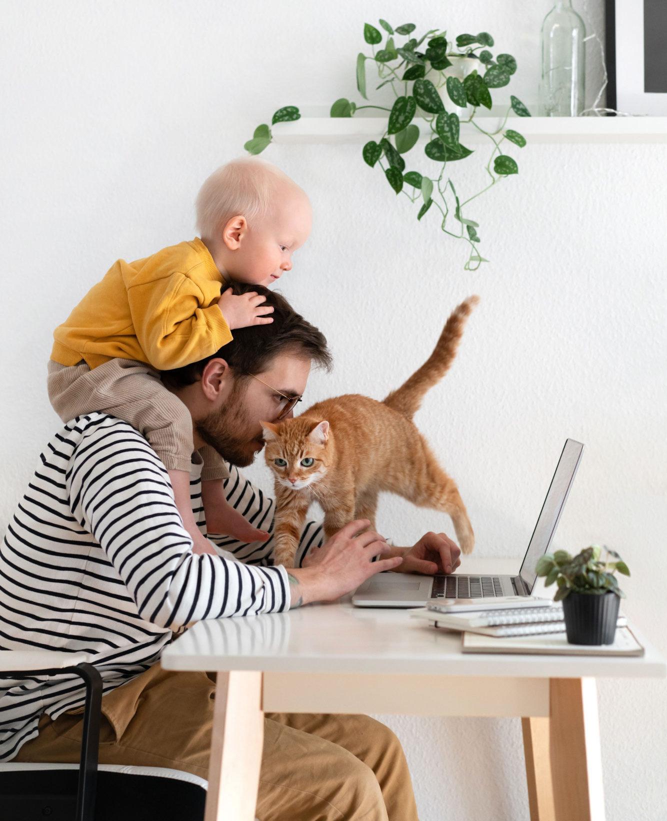 Dad working on laptop with child on shoulders and cat walking across desk